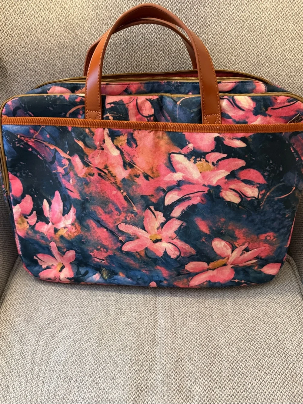 Floral Navy and Pink Laptop Briefcase with Tan Trim